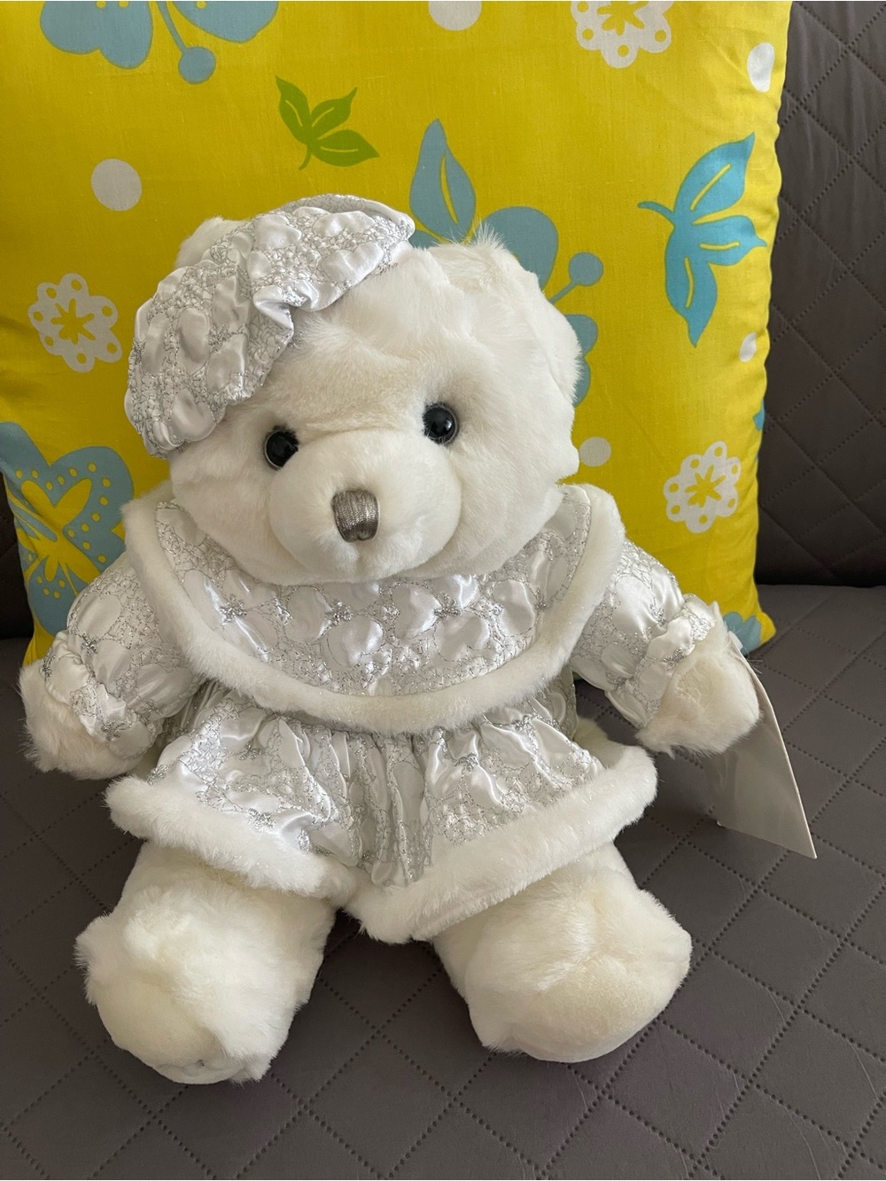 Plush White Teddy Bear with Silver Dress and Beret 2001 With Tags